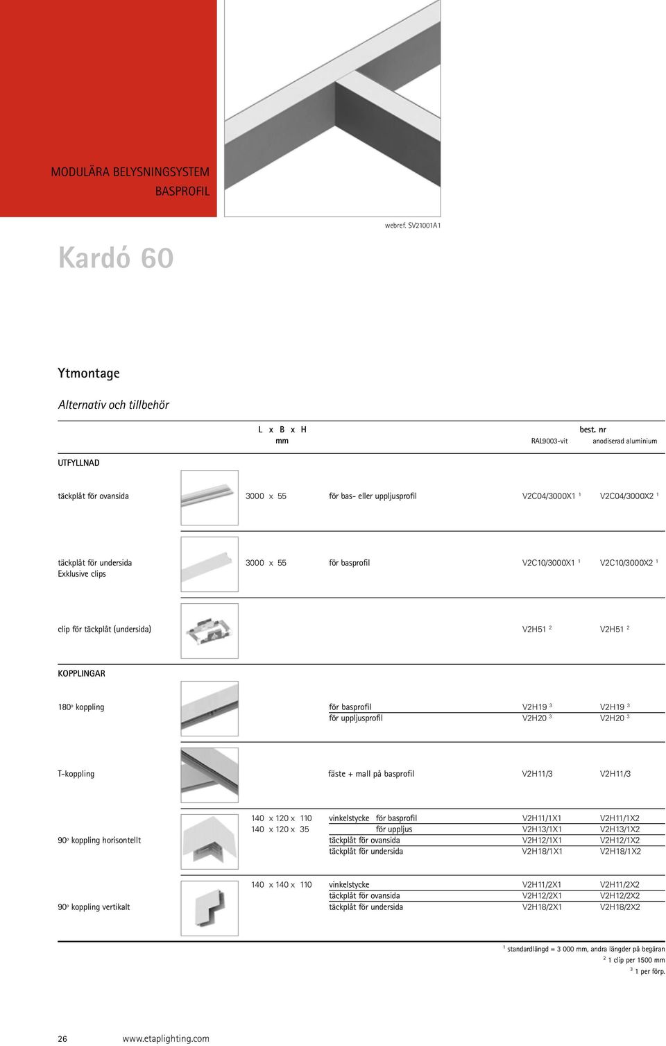 V2C10/3000X1 1 V2C10/3000X2 1 Exklusive clips clip för täckplåt (undersida) V2H51 2 V2H51 2 KOPPLINGAR 180º koppling för basprofil V2H19 3 V2H19 3 för uppljusprofil V2H20 3 V2H20 3 T-koppling fäste +