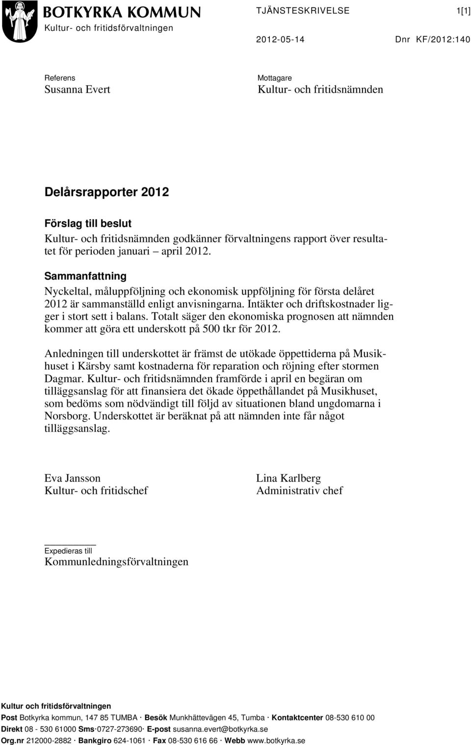 Sammanfattning Nyckeltal, måluppföljning och ekonomisk uppföljning för första delåret 2012 är sammanställd enligt anvisningarna. Intäkter och driftskostnader ligger i stort sett i balans.