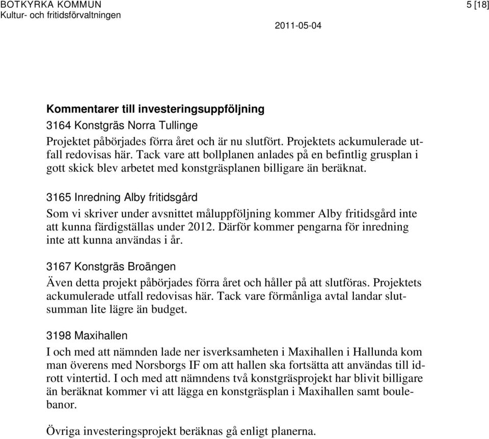 3165 Inredning Alby fritidsgård Som vi skriver under avsnittet måluppföljning kommer Alby fritidsgård inte att kunna färdigställas under 2012.