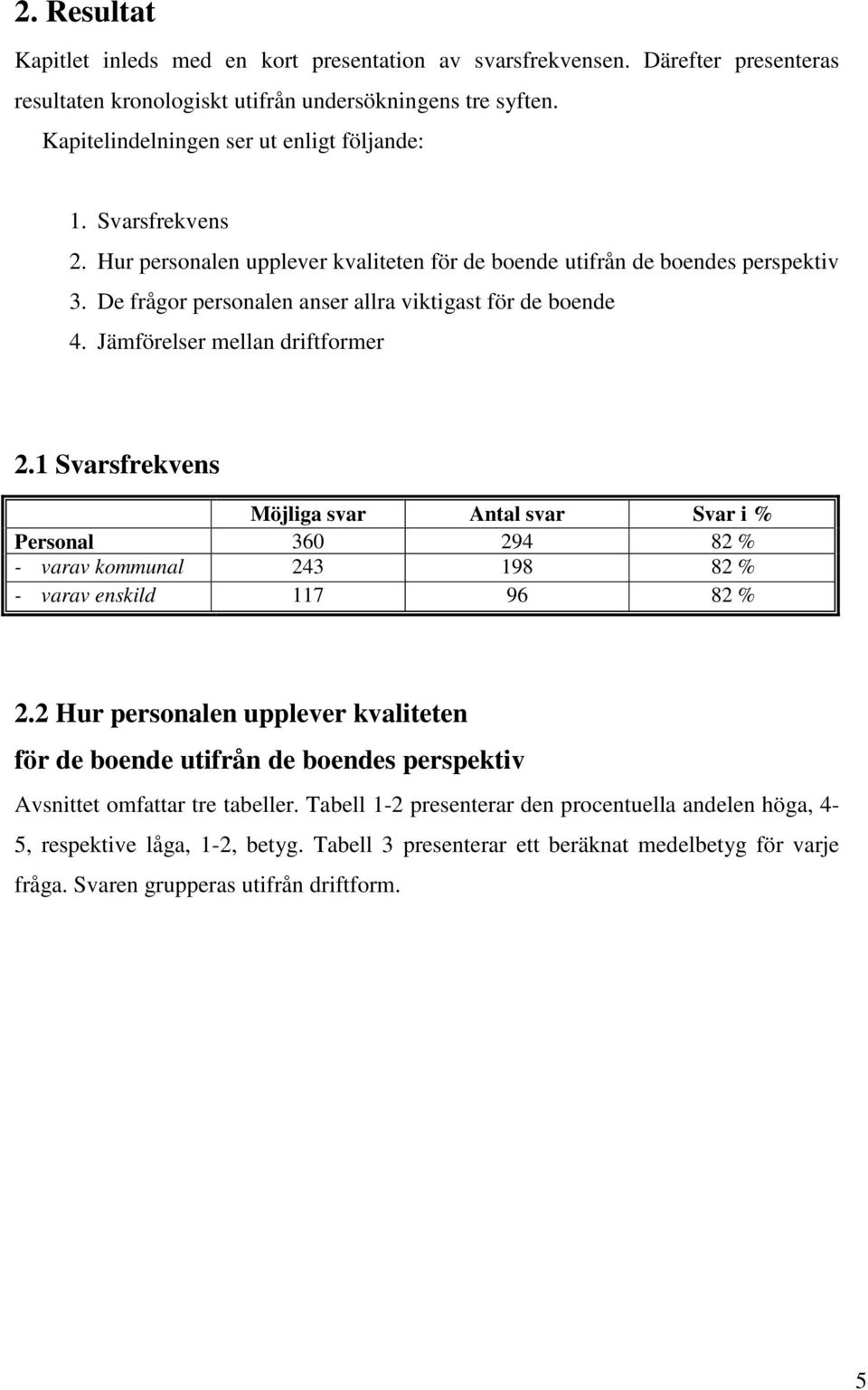 1 Svarsfrekvens Möjliga svar Antal svar Svar i % Personal 360 294 82 % - varav kommunal 243 198 82 % - varav enskild 117 96 82 % 2.