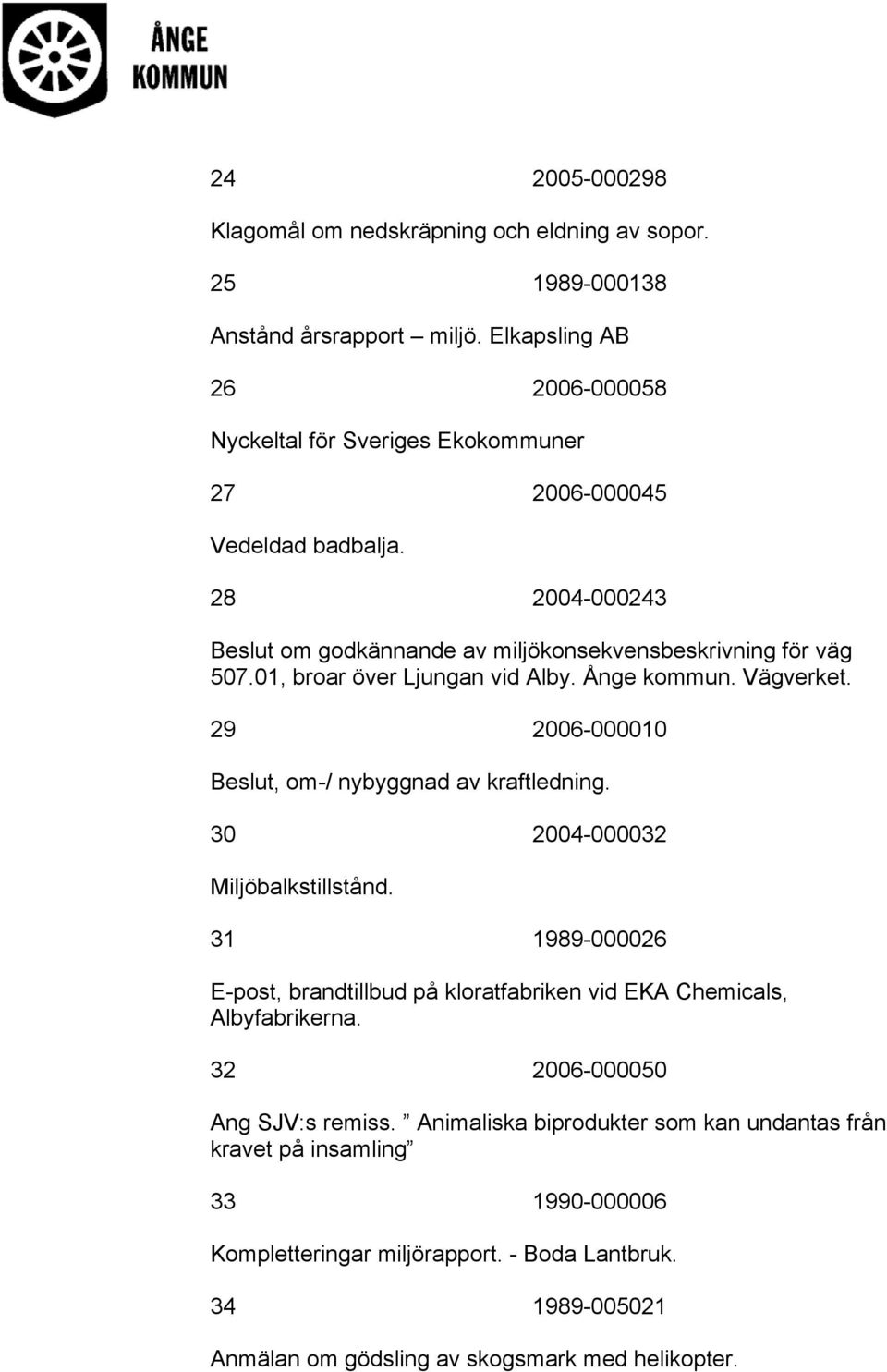 01, broar över Ljungan vid Alby. Ånge kommun. Vägverket. 29 2006-000010 Beslut, om-/ nybyggnad av kraftledning. 30 2004-000032 Miljöbalkstillstånd.