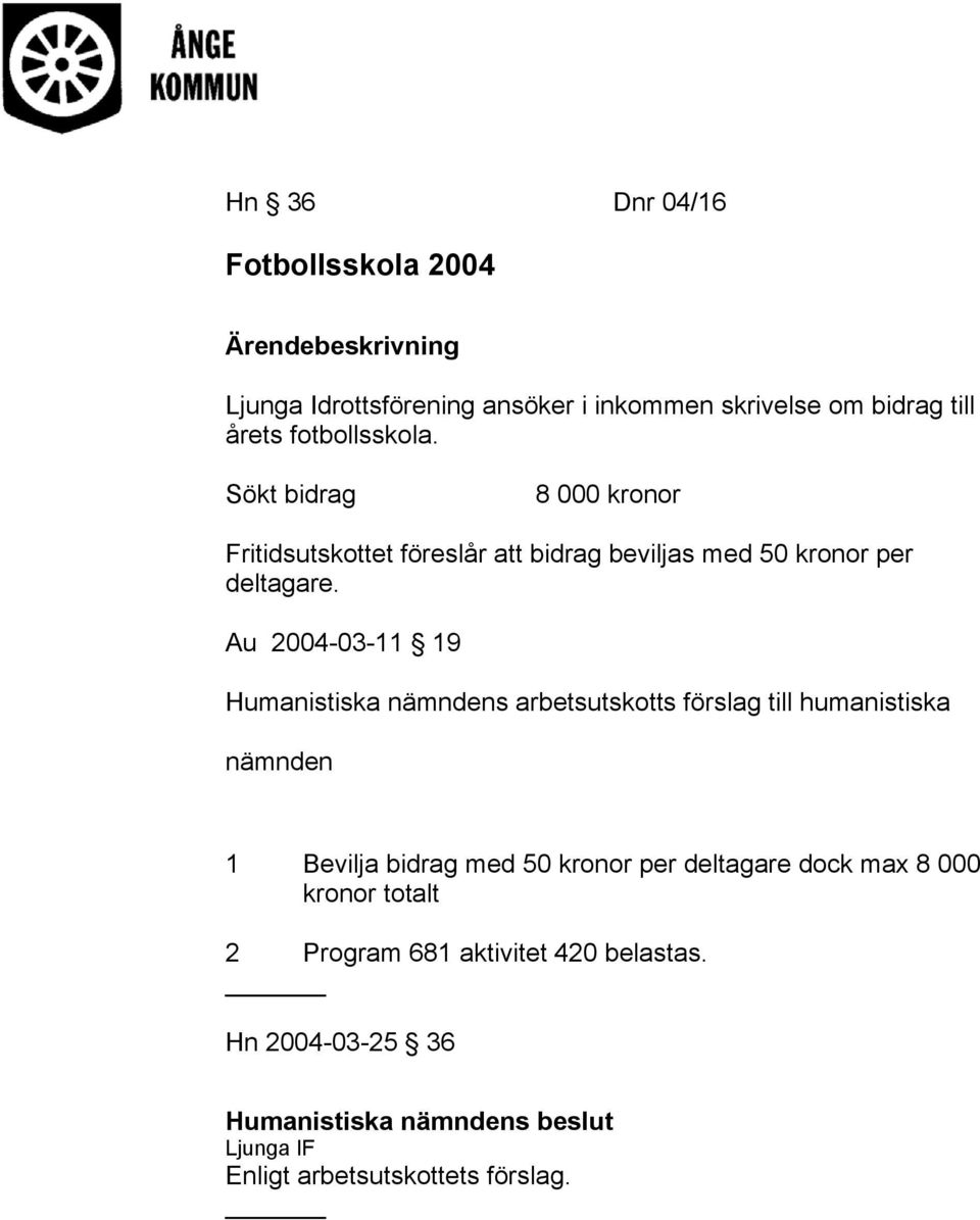 Au 2004-03-11 19 Humanistiska nämndens arbetsutskotts förslag till humanistiska nämnden 1 Bevilja bidrag med 50 kronor