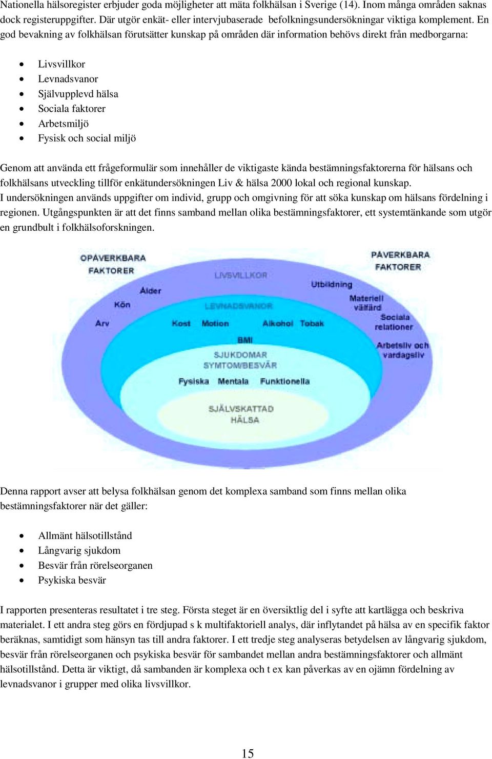 En god bevakning av folkhälsan förutsätter kunskap på områden där information behövs direkt från medborgarna: Livsvillkor Levnadsvanor Självupplevd hälsa Sociala faktorer Arbetsmiljö Fysisk och