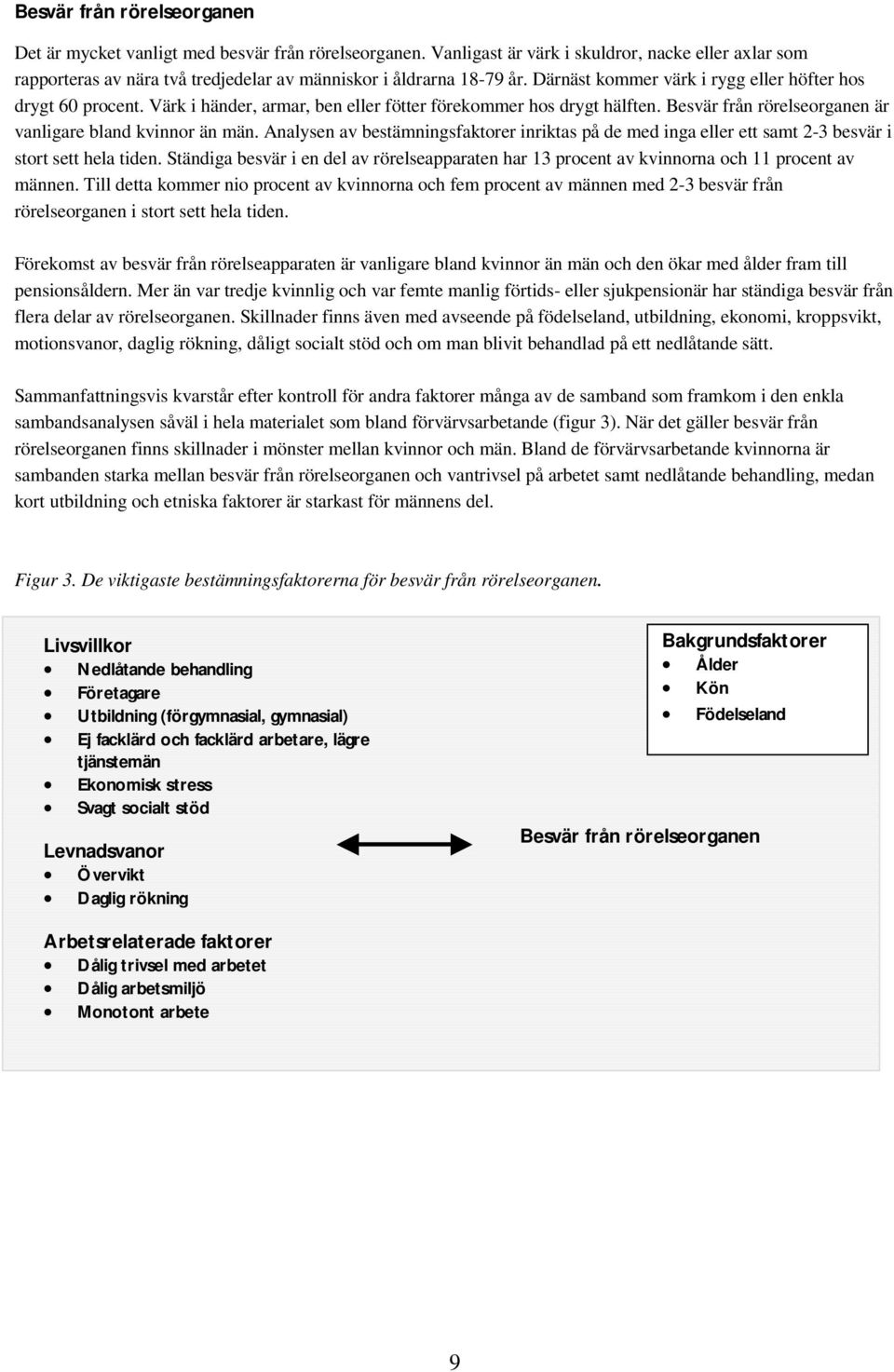 Värk i händer, armar, ben eller fötter förekommer hos drygt hälften. Besvär från rörelseorganen är vanligare bland kvinnor än män.