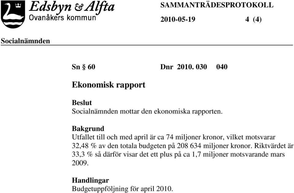 Bakgrund Utfallet till och med april är ca 74 miljoner kronor, vilket motsvarar 32,48 % av