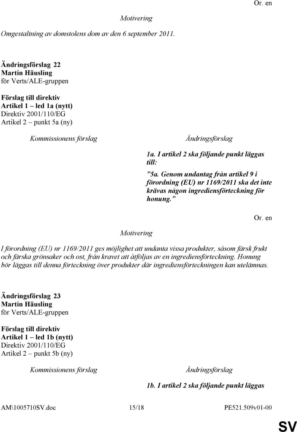 I förordning (EU) nr 1169/2011 ges möjlighet att undanta vissa produkter, såsom färsk frukt och färska grönsaker och ost, från kravet att åtföljas av en ingrediensförteckning.