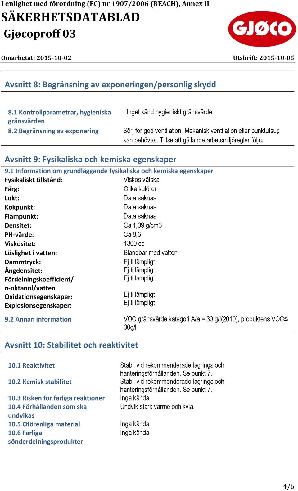 1 Information om grundläggande fysikaliska och kemiska egenskaper Fysikaliskt tillstånd: Viskös vätska Färg: Olika kulörer Lukt: Data saknas Kokpunkt: Data saknas Flampunkt: Data saknas Densitet: Ca