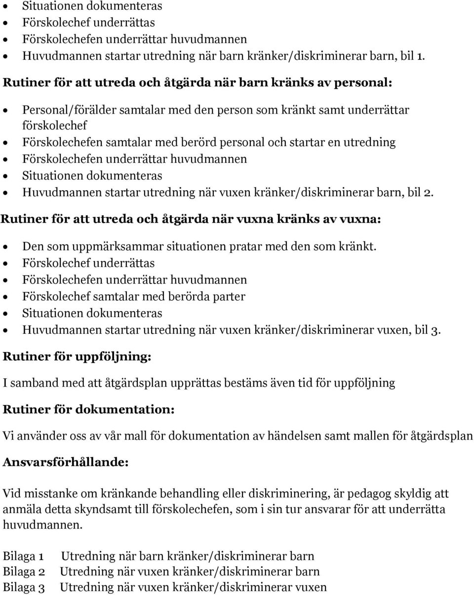 startar en utredning Förskolechefen underrättar huvudmannen Situationen dokumenteras Huvudmannen startar utredning när vuxen kränker/diskriminerar barn, bil 2.