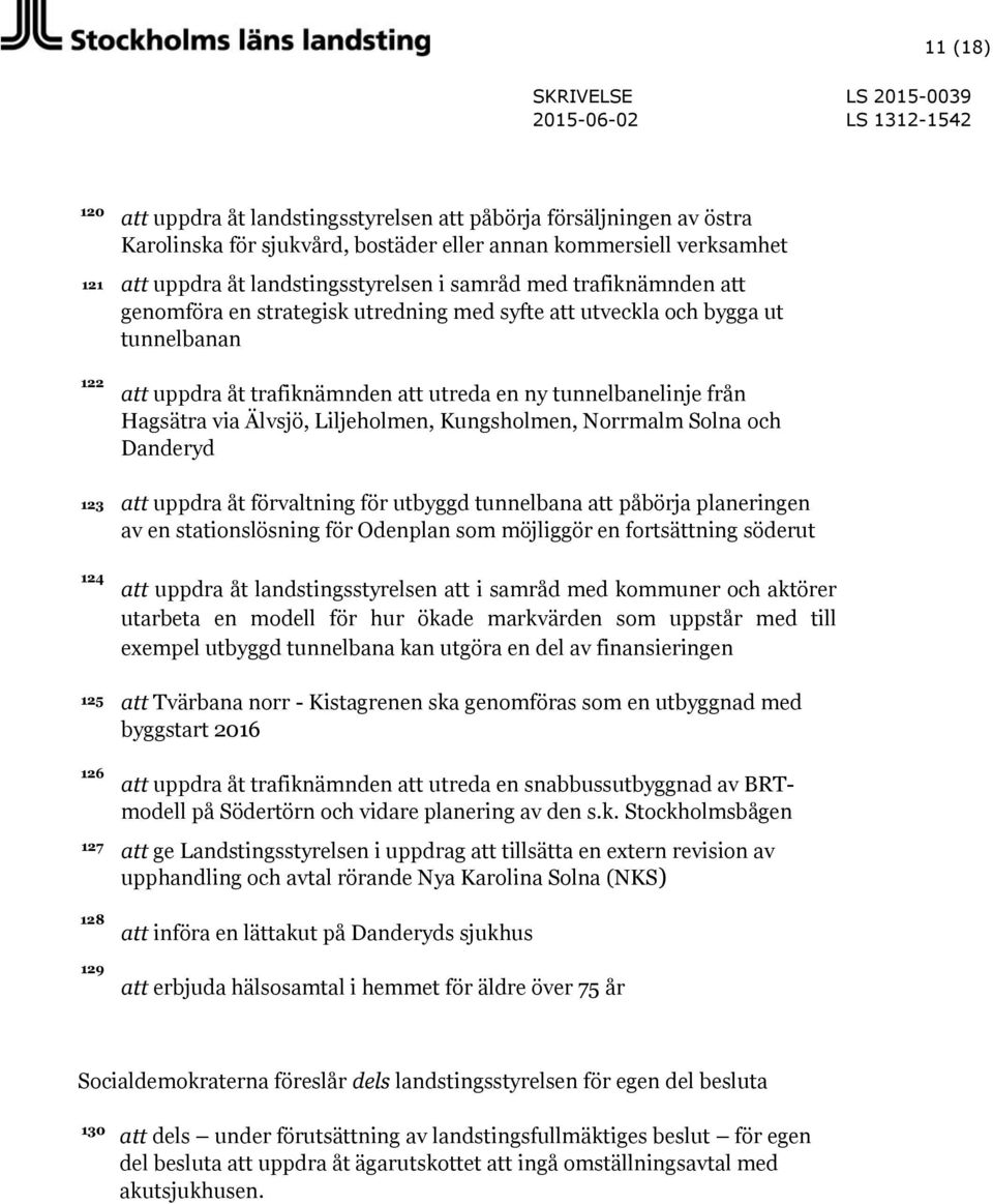 ny tunnelbanelinje från Hagsätra via Älvsjö, Liljeholmen, Kungsholmen, Norrmalm Solna och Danderyd 123 att uppdra åt förvaltning för utbyggd tunnelbana att påbörja planeringen av en stationslösning