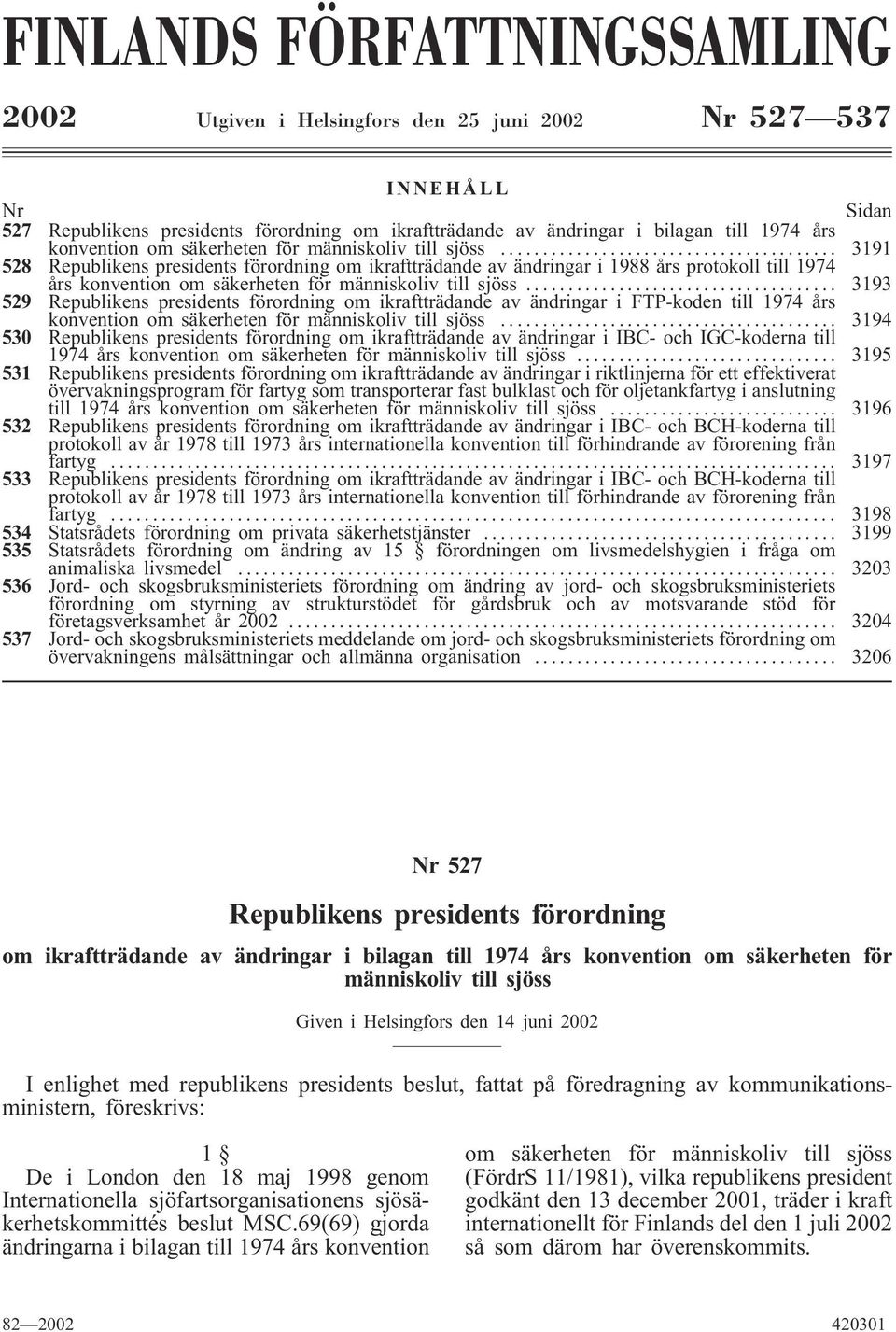 .. 3191 528 Republikens presidents förordning om ikraftträdande av ändringar i 1988 års protokoll till 1974 års .