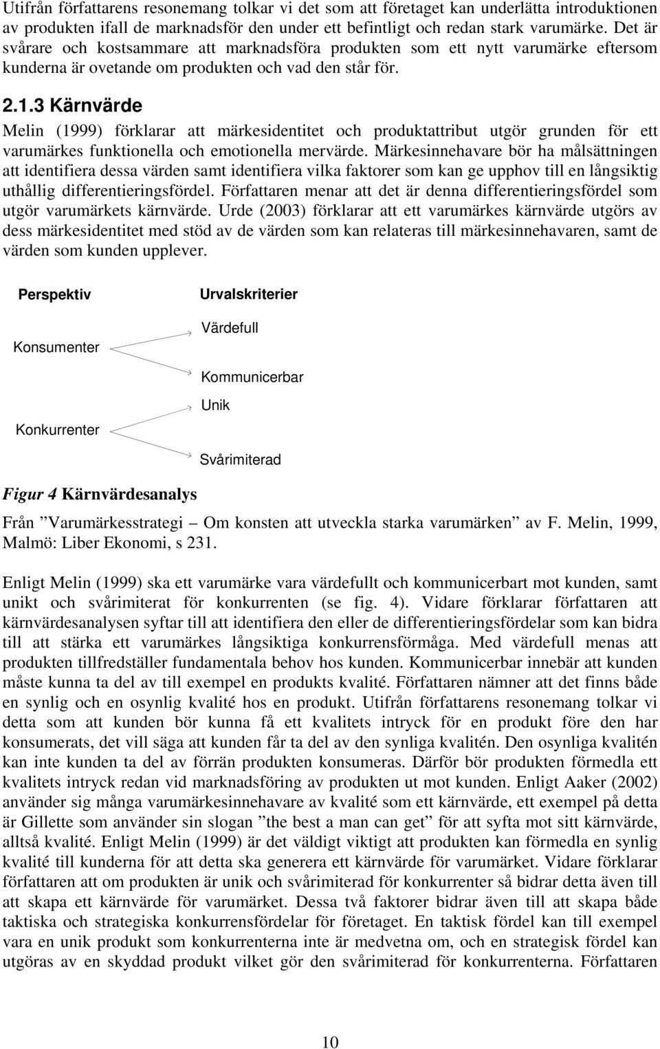 3 Kärnvärde Melin (1999) förklarar att märkesidentitet och produktattribut utgör grunden för ett varumärkes funktionella och emotionella mervärde.