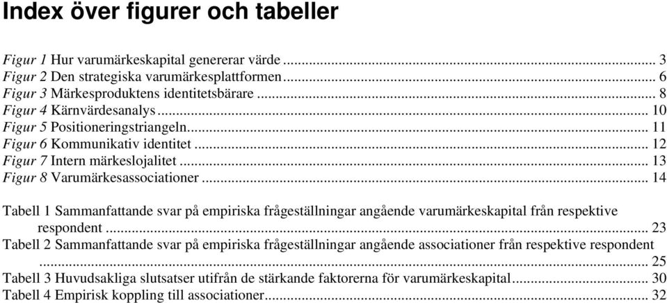 .. 14 Tabell 1 Sammanfattande svar på empiriska frågeställningar angående varumärkeskapital från respektive respondent.