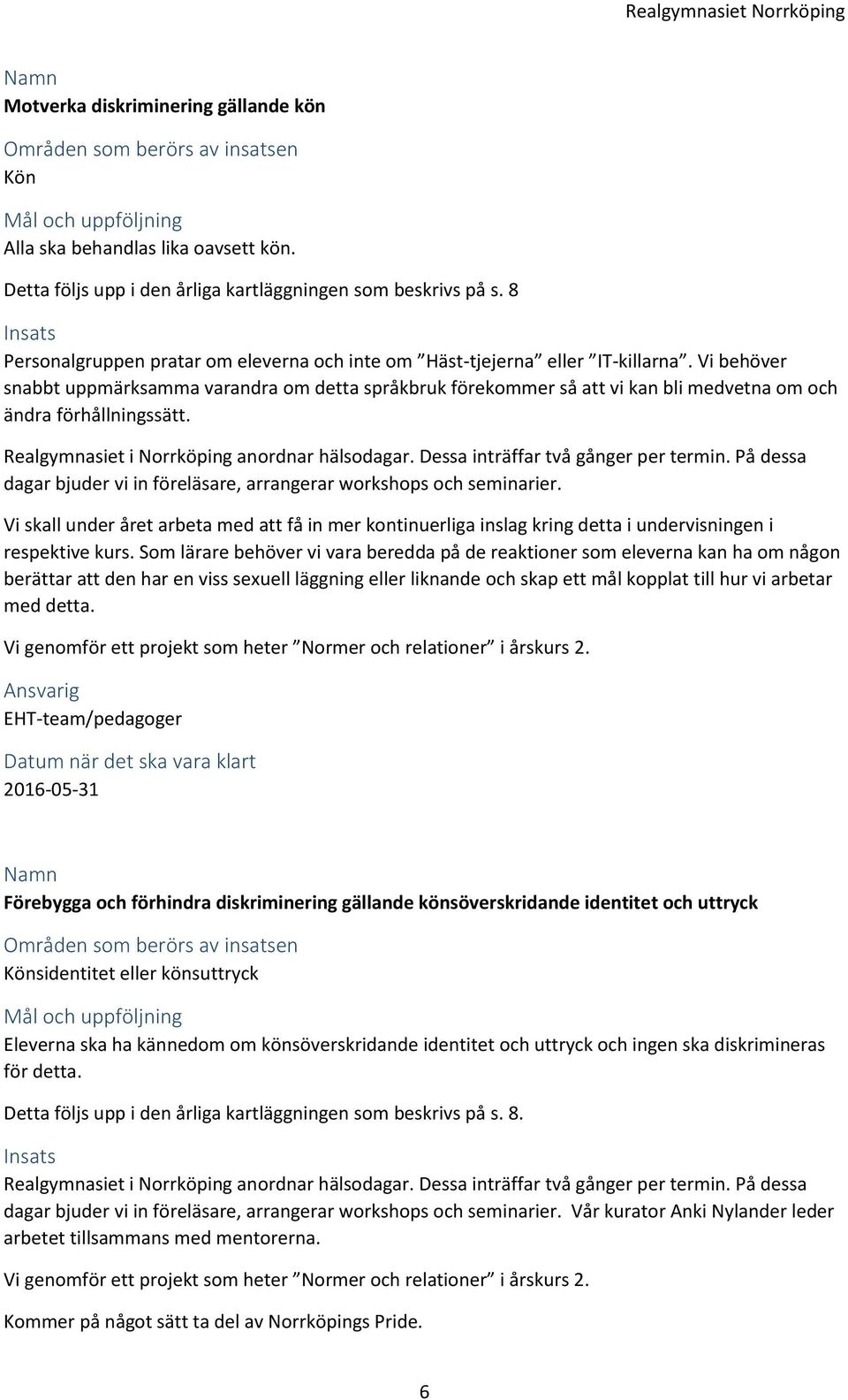 Vi behöver snabbt uppmärksamma varandra om detta språkbruk förekommer så att vi kan bli medvetna om och ändra förhållningssätt. Realgymnasiet i Norrköping anordnar hälsodagar.