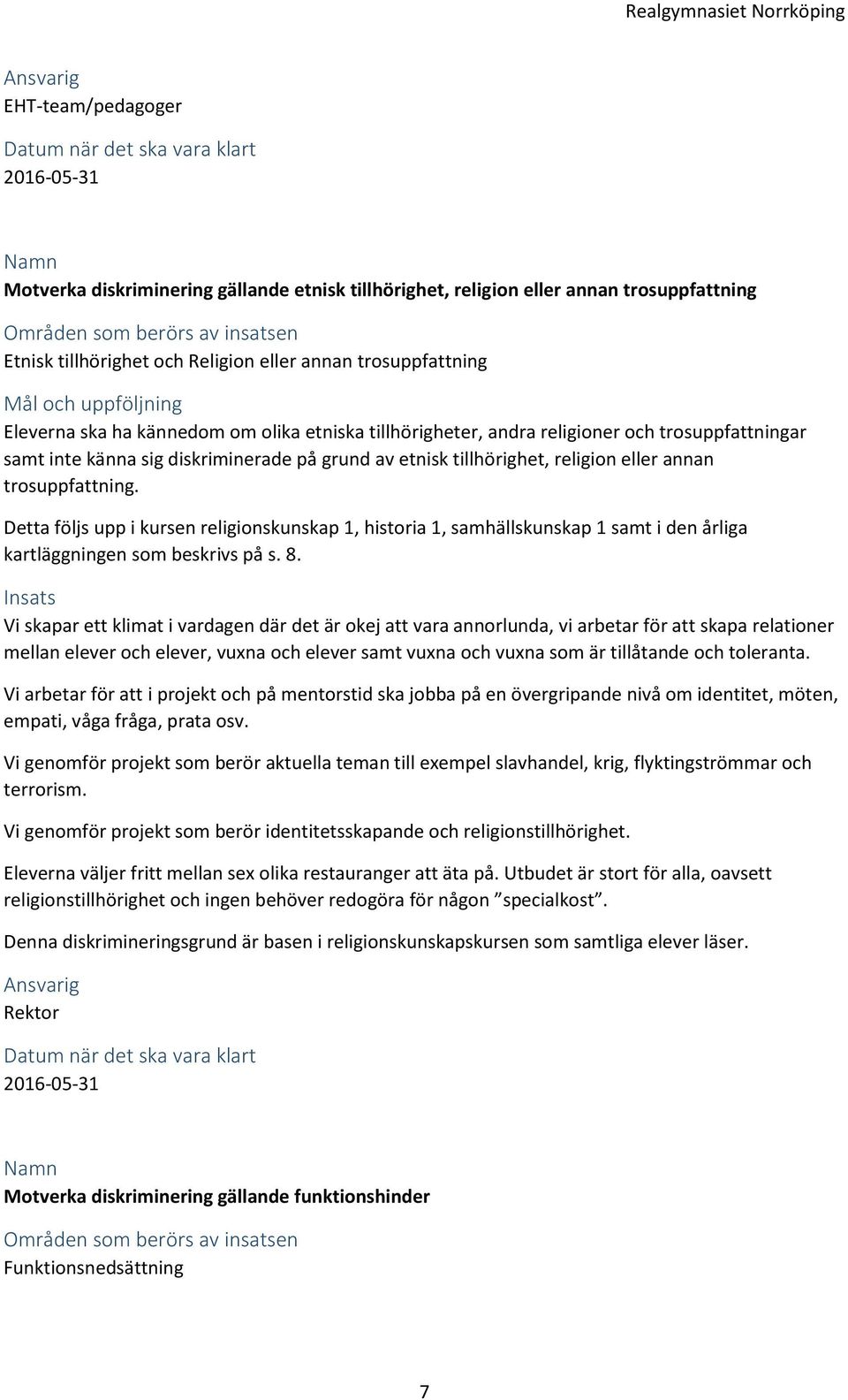 annan trosuppfattning. Detta följs upp i kursen religionskunskap 1, historia 1, samhällskunskap 1 samt i den årliga kartläggningen som beskrivs på s. 8.