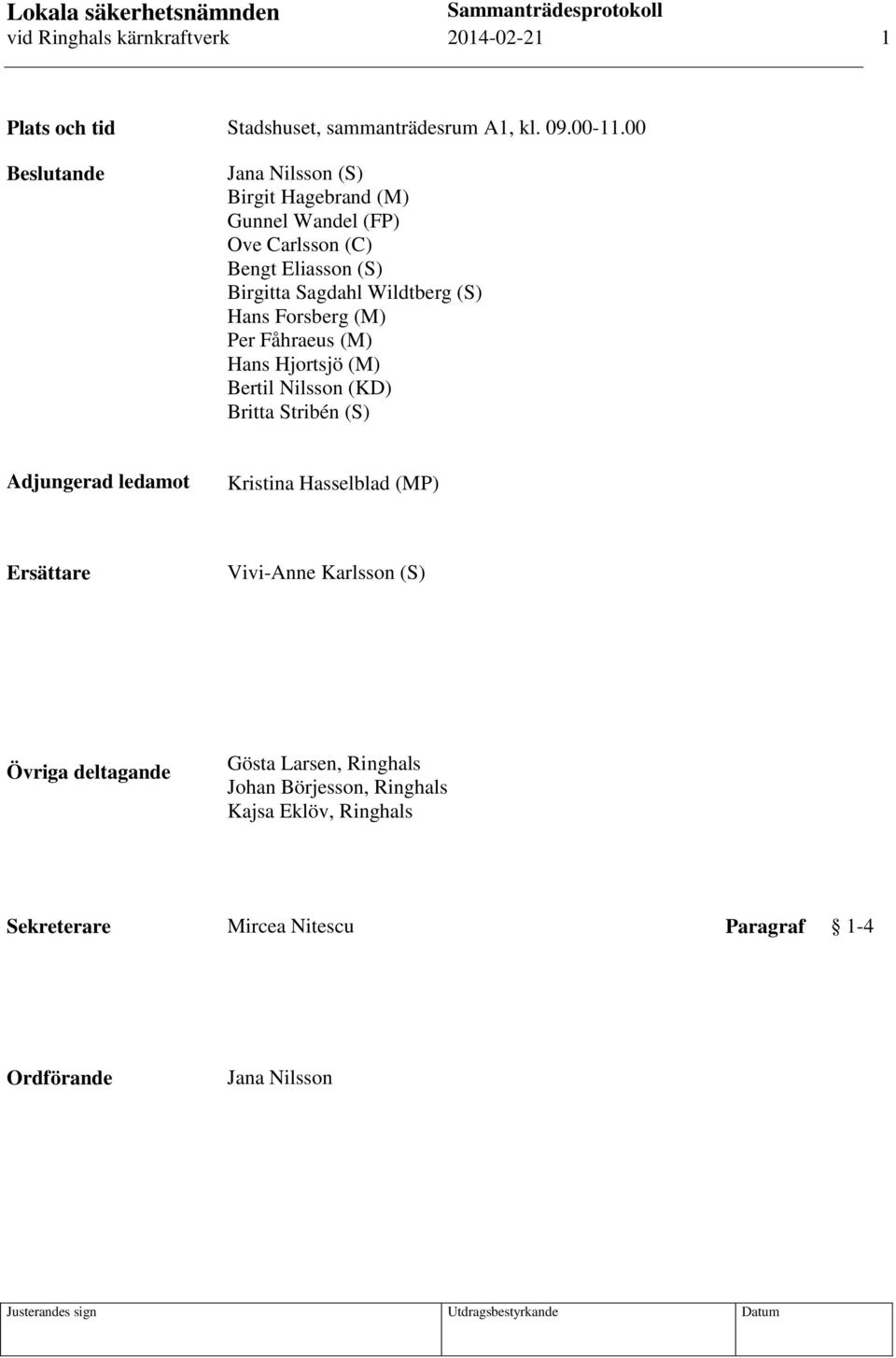 Fåhraeus (M) Hans Hjortsjö (M) Bertil Nilsson (KD) Britta Stribén (S) Adjungerad ledamot Kristina Hasselblad (MP) Ersättare Vivi-Anne Karlsson (S) Övriga