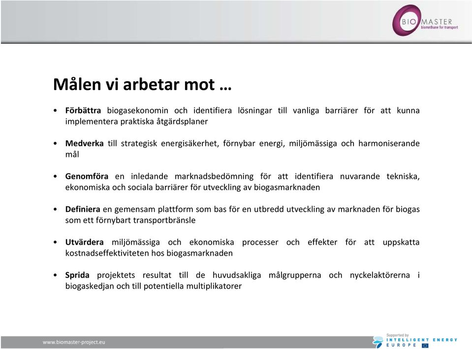 biogasmarknaden Definiera en gemensam plattform som bas för en utbredd utveckling av marknaden för biogas som ett förnybart transportbränsle Utvärdera miljömässiga och ekonomiska processer