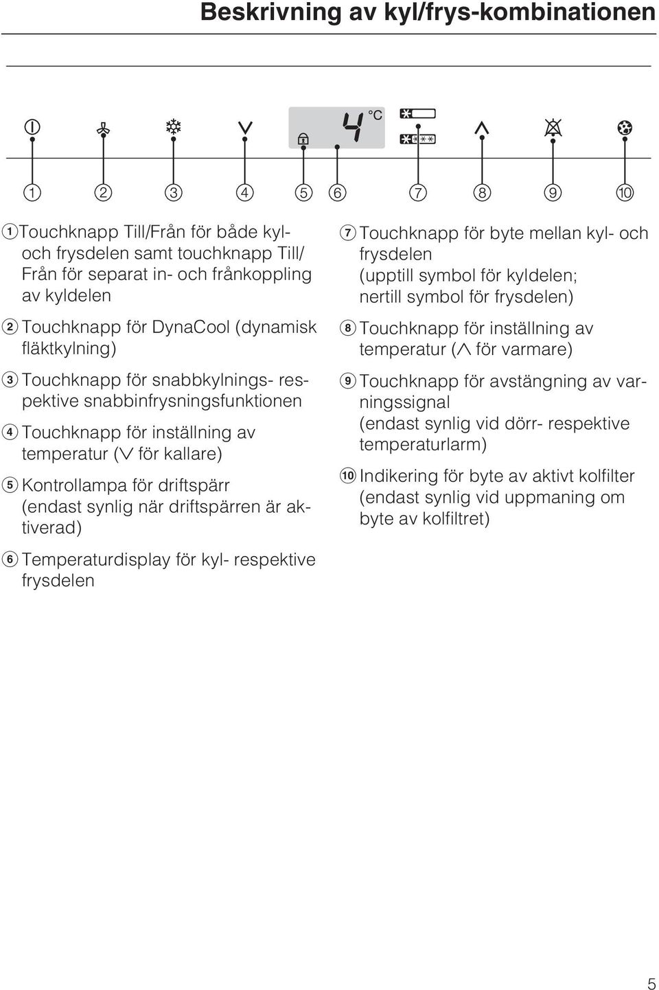 är aktiverad) Temperaturdisplay för kyl- respektive frysdelen Touchknapp för byte mellan kyl- och frysdelen (upptill symbol för kyldelen; nertill symbol för frysdelen) Touchknapp för inställning av