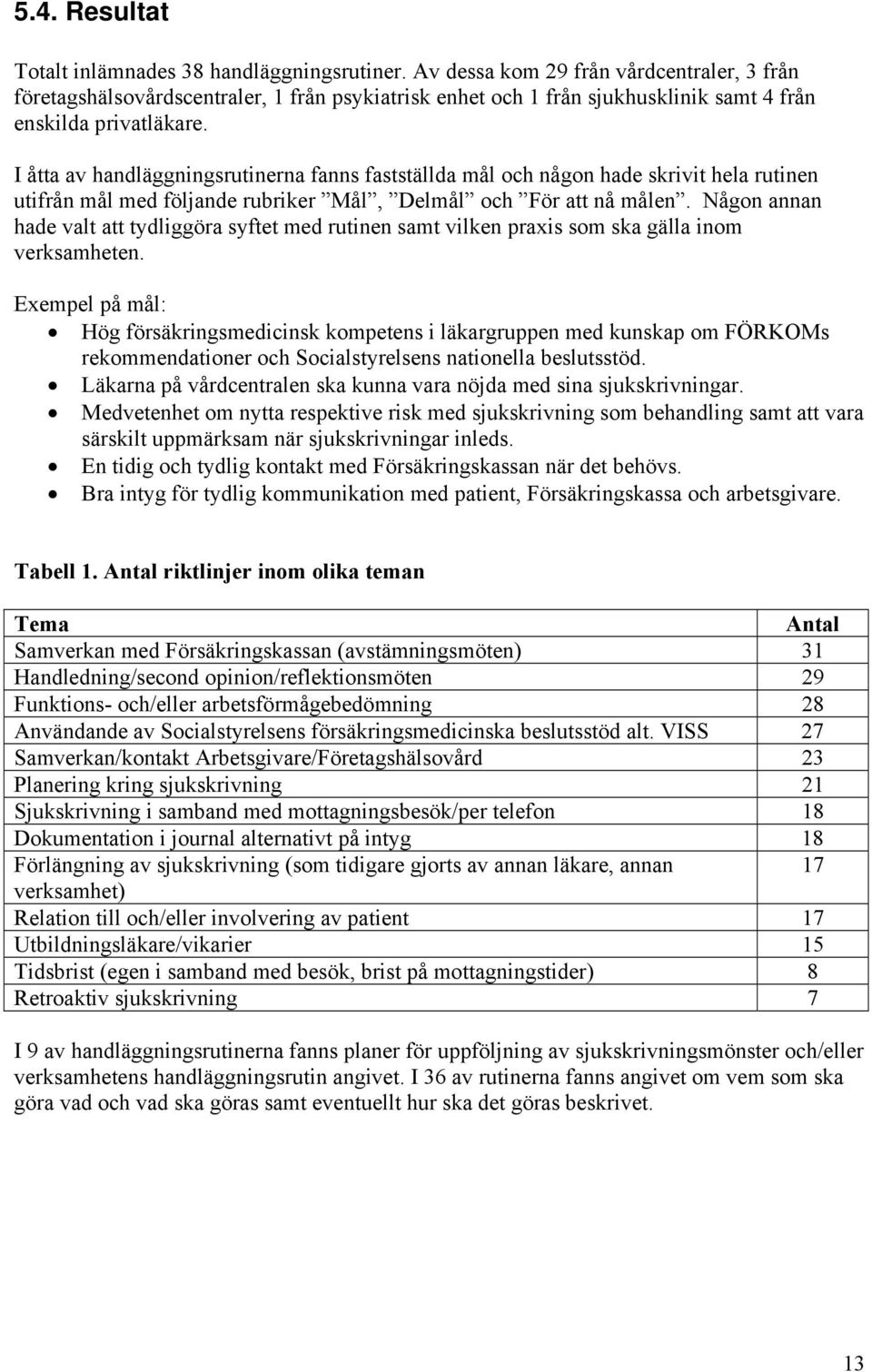 I åtta av handläggningsrutinerna fanns fastställda mål och någon hade skrivit hela rutinen utifrån mål med följande rubriker Mål, Delmål och För att nå målen.