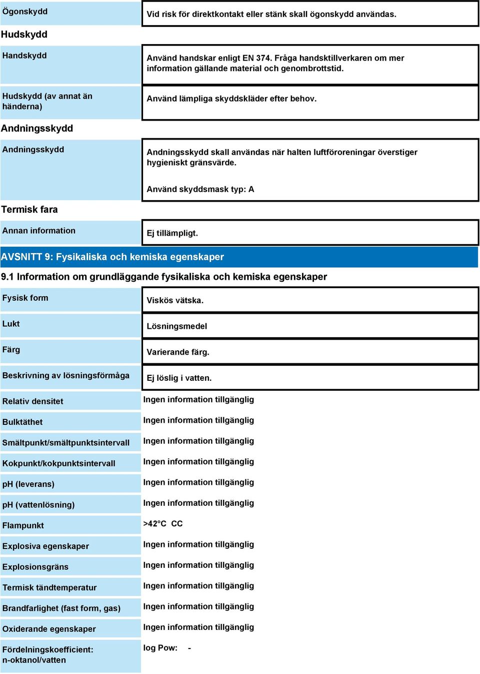 Andningsskydd Andningsskydd Andningsskydd skall användas när halten luftföroreningar överstiger hygieniskt gränsvärde. Använd skyddsmask typ: A Termisk fara Annan information Ej tillämpligt.