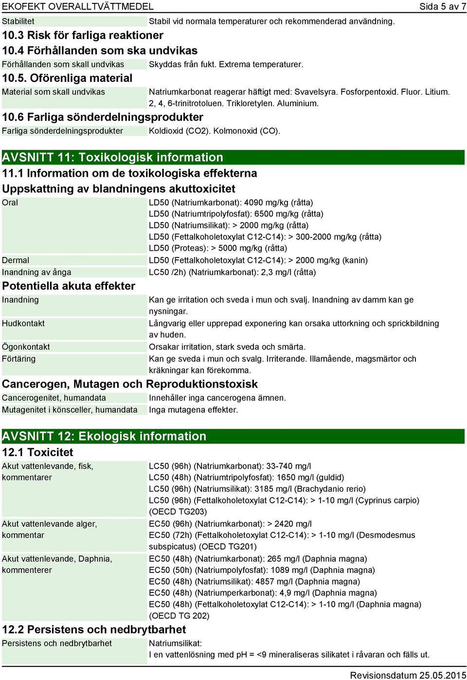 6 Farliga sönderdelningsprodukter Farliga sönderdelningsprodukter Koldioxid (CO2). Kolmonoxid (CO). AVSNITT 11: Toxikologisk information 11.