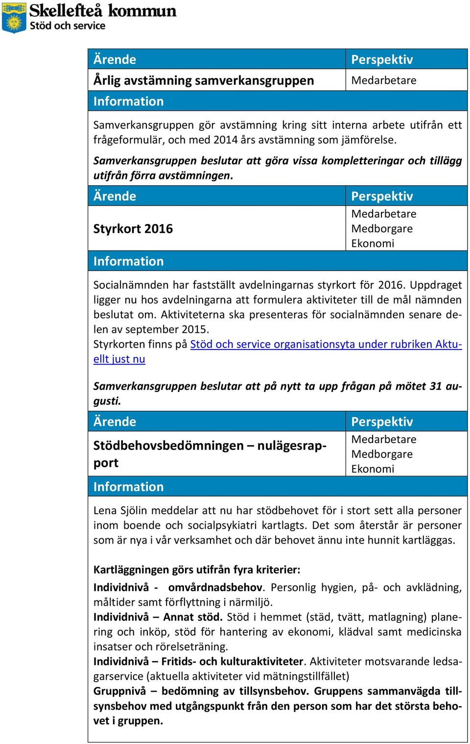 Uppdraget ligger nu hos avdelningarna att formulera aktiviteter till de mål nämnden beslutat om. Aktiviteterna ska presenteras för socialnämnden senare delen av september 2015.