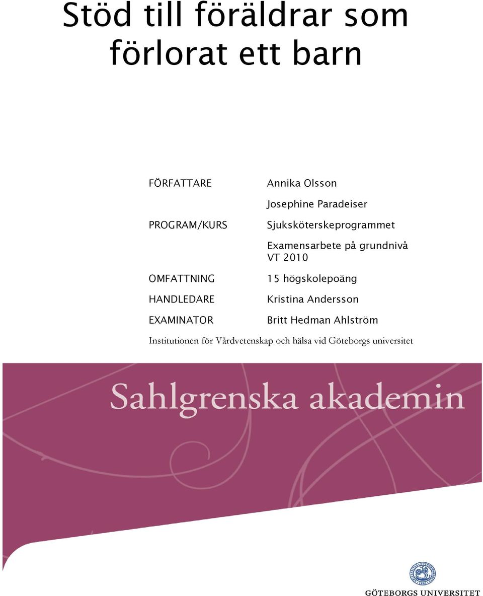 2010 OMFATTNING HANDLEDARE EXAMINATOR 15 högskolepoäng Kristina Andersson Britt