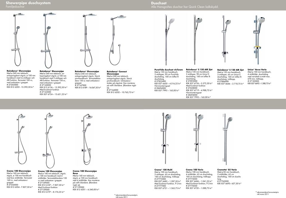 392,50 kr* Raindance Showerpipe Med ø 240 mm takdusch, avkapningsbart stigrör, ø 100 mm handdusch med 3 stråltyper och AIR funktion. Termostat 150 cc, med omkastare i greppet.