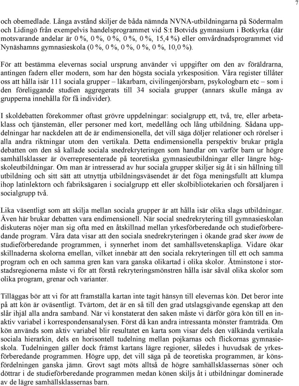 %, 0 %, 15,4 %) eller omvårdnadsprogrammet vid Nynäshamns gymnasieskola (0 %, 0 %, 0 %, 0 %, 0 %, 10,0 %).