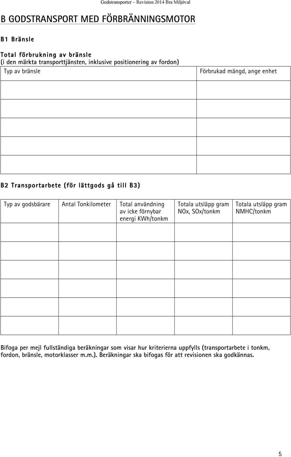 icke förnybar energi KWh/tonkm Totala utsläpp gram NOx, SOx/tonkm Totala utsläpp gram NMHC/tonkm Bifoga per mejl fullständiga beräkningar som