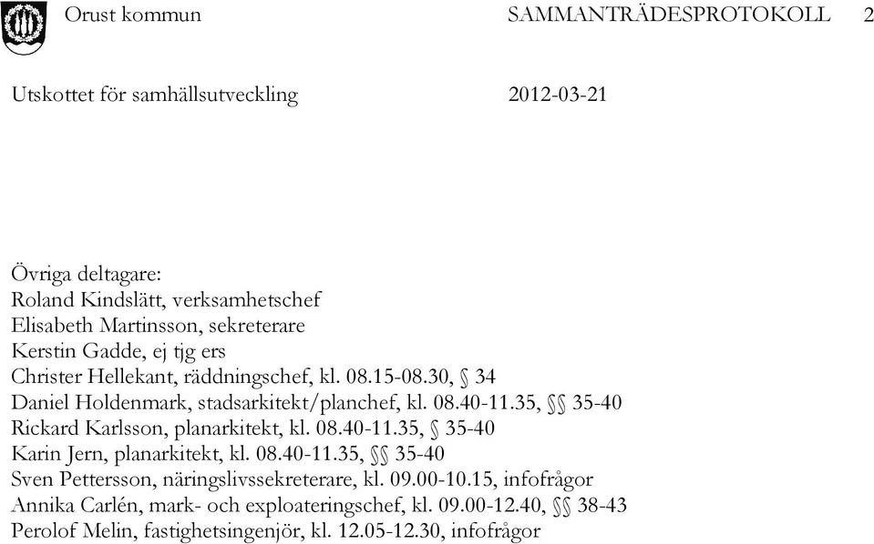 35, 35-40 Rickard Karlsson, planarkitekt, kl. 08.40-11.35, 35-40 Karin Jern, planarkitekt, kl. 08.40-11.35, 35-40 Sven Pettersson, näringslivssekreterare, kl.