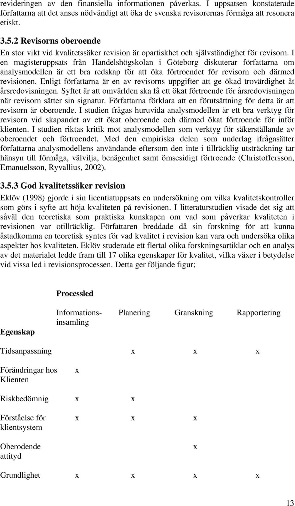 I en magisteruppsats från Handelshögskolan i Göteborg diskuterar författarna om analysmodellen är ett bra redskap för att öka förtroendet för revisorn och därmed revisionen.