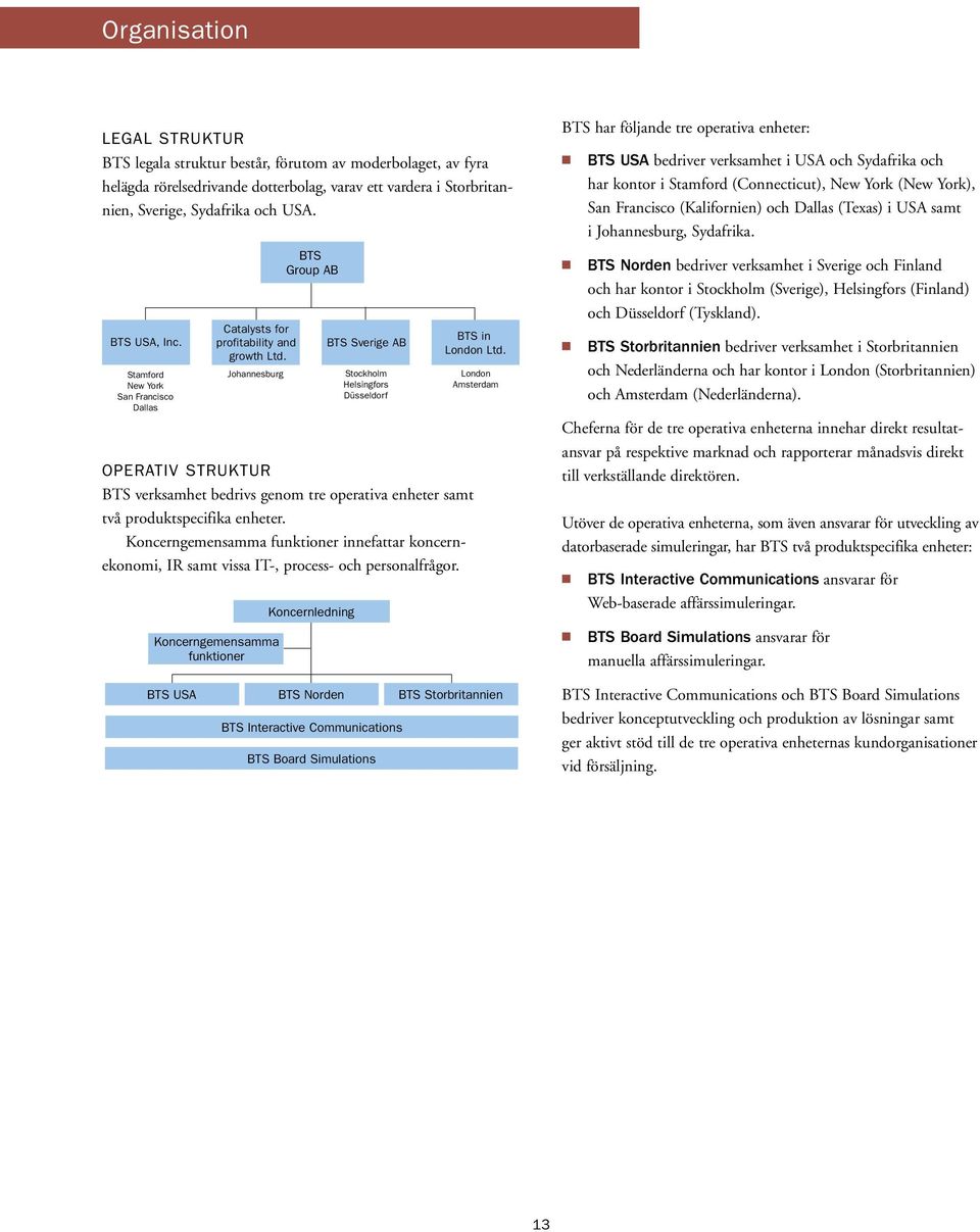 Johannesburg OPERATIV STRUKTUR BTS verksamhet bedrivs genom tre operativa enheter samt två produktspecifika enheter.