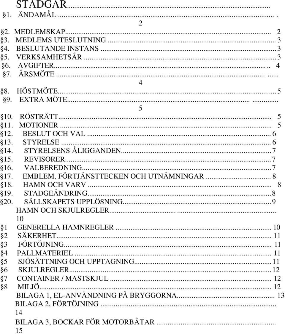 HAMN OCH VARV... 8 19. STADGEÄNDRING... 8 20. SÄLLSKAPETS UPPLÖSNING... 9 HAMN OCH SKJULREGLER...... 10 1 GENERELLA HAMNREGLER... 10 2 SÄKERHET... 11 3 FÖRTÖJNING... 11 4 PALLMATERIEL.