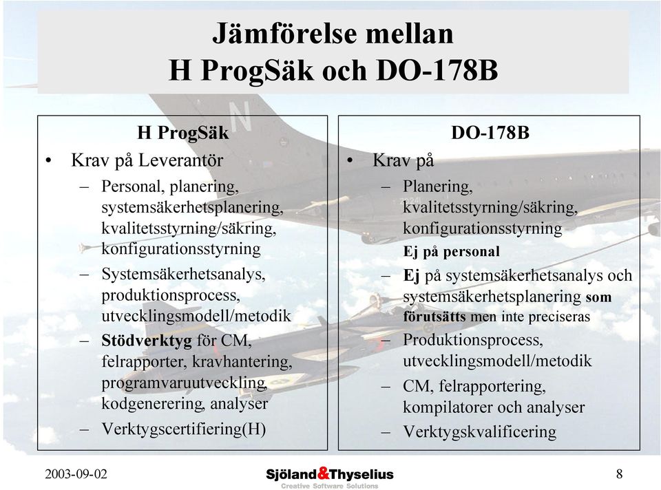 Verktygscertifiering(H) Krav på DO-178B Planering, kvalitetsstyrning/säkring, konfigurationsstyrning Ej på personal Ej på systemsäkerhetsanalys och