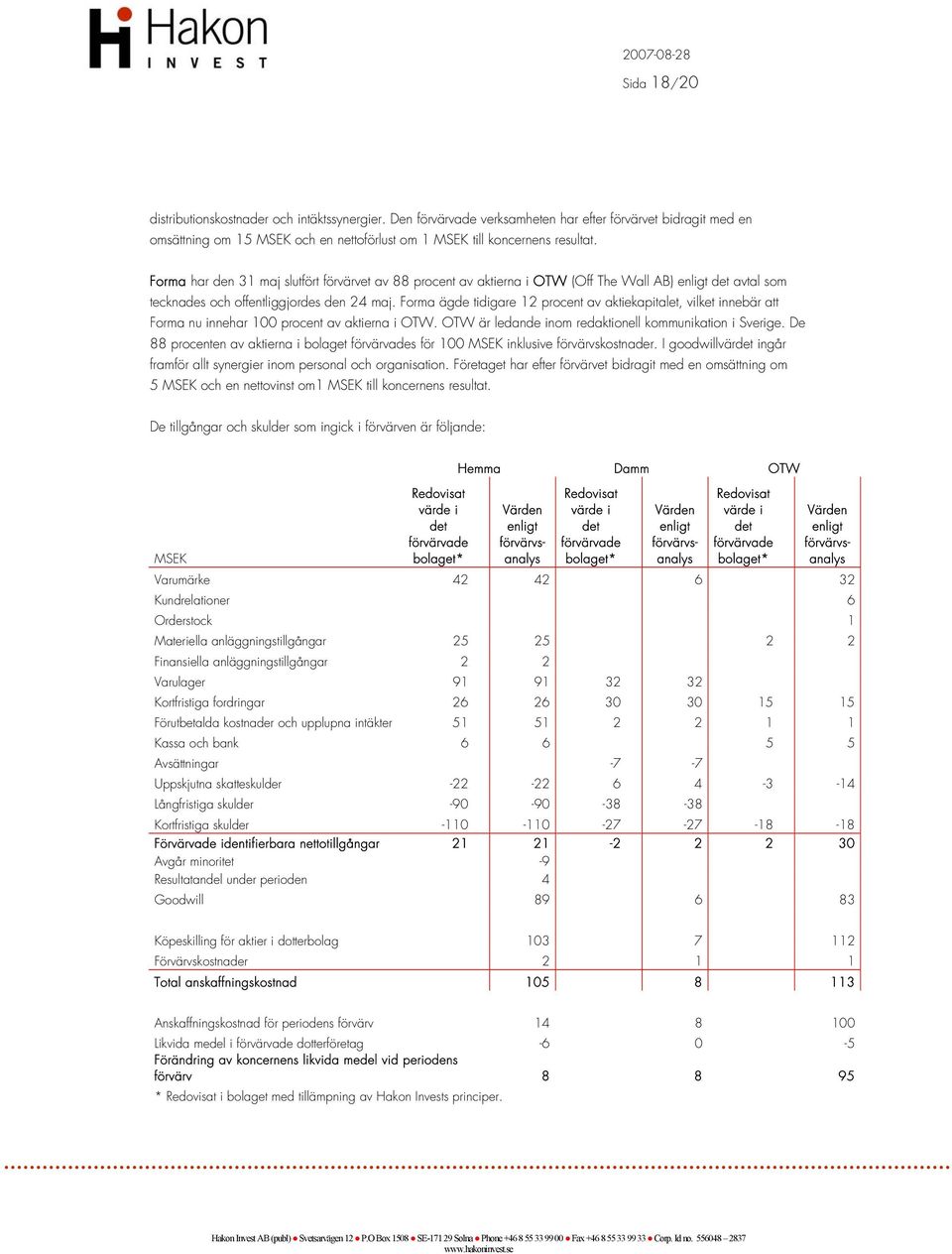 Forma ägde tidigare 12 procent av aktiekapitalet, vilket innebär att Forma nu innehar 100 procent av aktierna i OTW. OTW är ledande inom redaktionell kommunikation i Sverige.