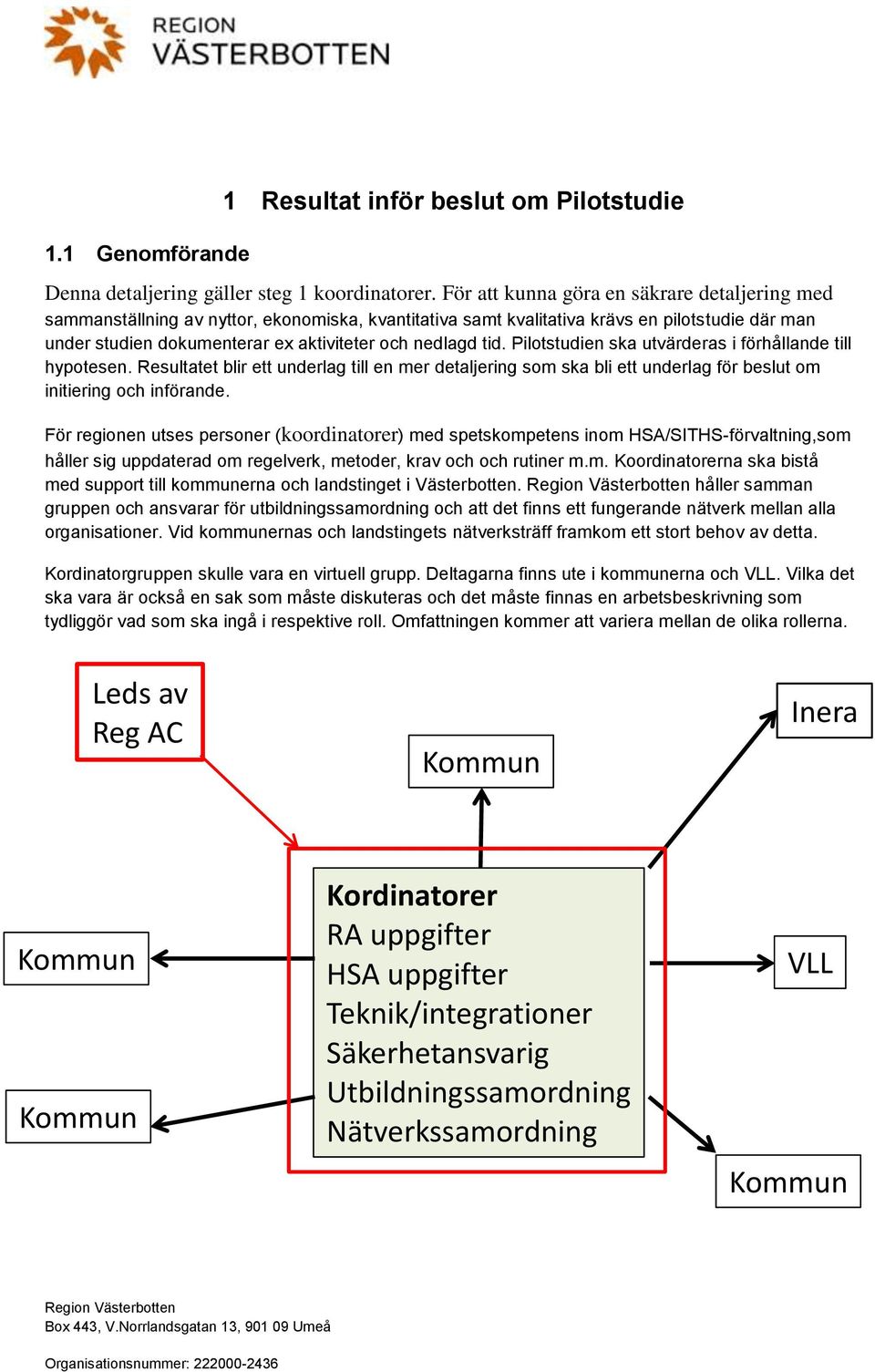 tid. Pilotstudien ska utvärderas i förhållande till hypotesen. Resultatet blir ett underlag till en mer detaljering som ska bli ett underlag för beslut om initiering och införande.