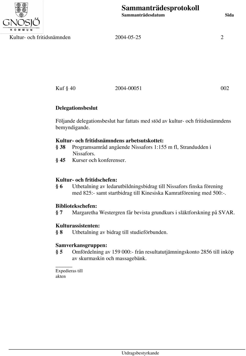 Kultur- och fritidschefen: 6 Utbetalning av ledarutbildningsbidrag till Nissafors finska förening med 825:- samt startbidrag till Kinesiska Kamratförening med 500:-.