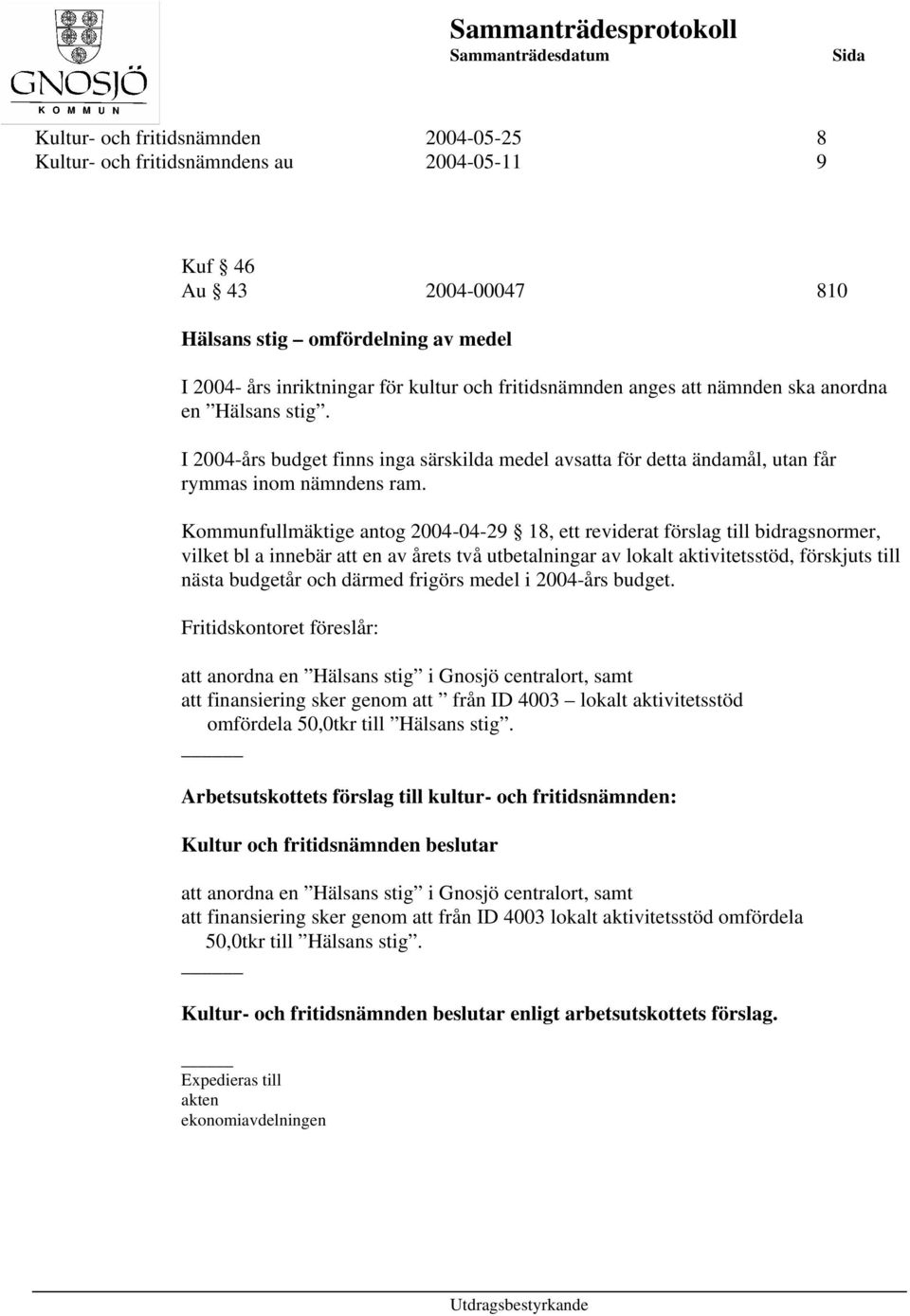 Kommunfullmäktige antog 2004-04-29 18, ett reviderat förslag till bidragsnormer, vilket bl a innebär att en av årets två utbetalningar av lokalt aktivitetsstöd, förskjuts till nästa budgetår och