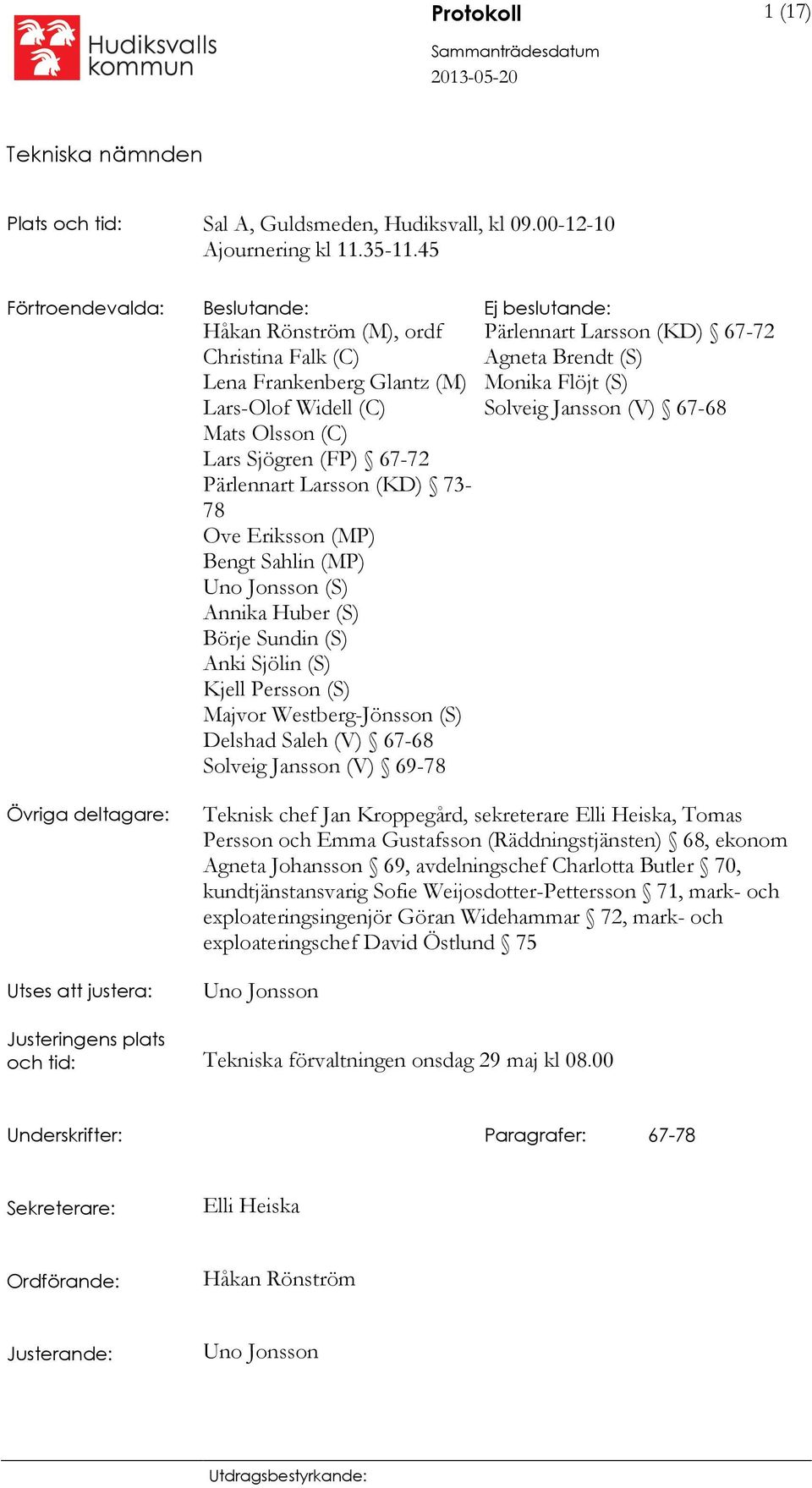 (KD) 73-78 Ove Eriksson (MP) Bengt Sahlin (MP) Uno Jonsson (S) Annika Huber (S) Börje Sundin (S) Anki Sjölin (S) Kjell Persson (S) Majvor Westberg-Jönsson (S) Delshad Saleh (V) 67-68 Solveig Jansson