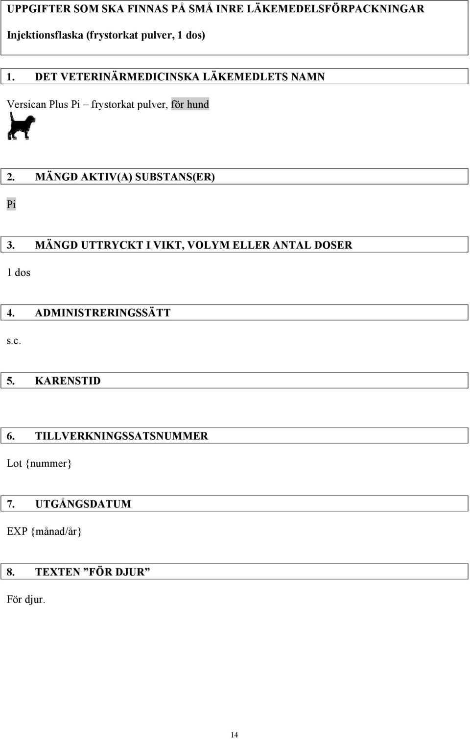 MÄNGD AKTIV(A) SUBSTANS(ER) Pi 3. MÄNGD UTTRYCKT I VIKT, VOLYM ELLER ANTAL DOSER 1 dos 4.