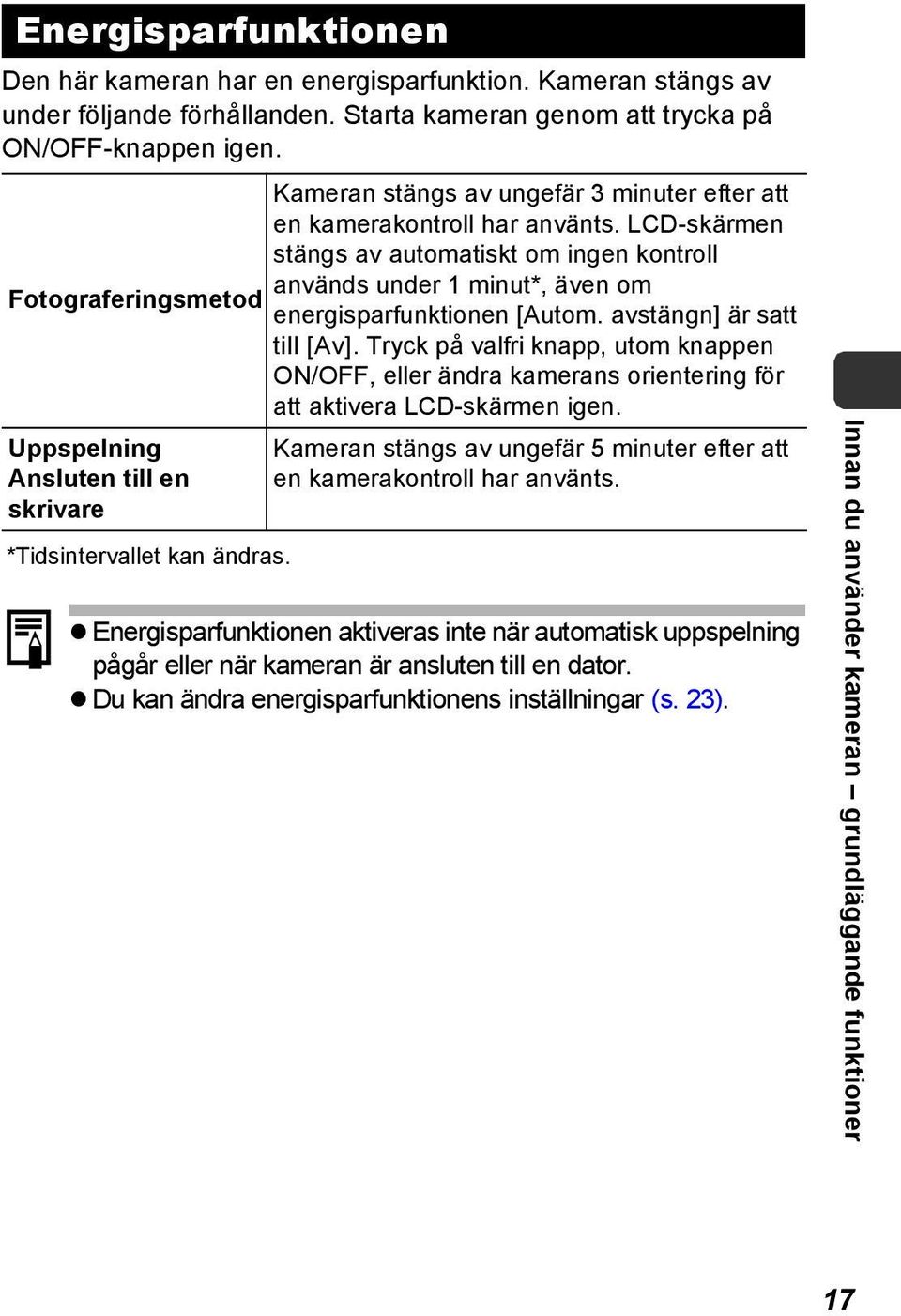 LCD-skärmen stängs av automatiskt om ingen kontroll används under 1 minut*, även om Fotograferingsmetod energisparfunktionen [Autom. avstängn] är satt till [Av].