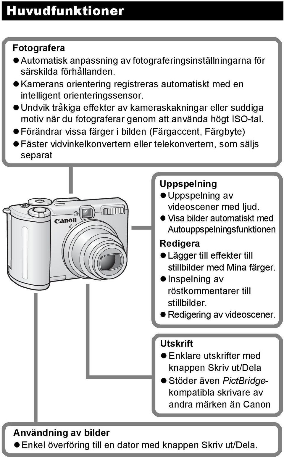 Förändrar vissa färger i bilden (Färgaccent, Färgbyte) Fäster vidvinkelkonvertern eller telekonvertern, som säljs separat Uppspelning Uppspelning av videoscener med ljud.