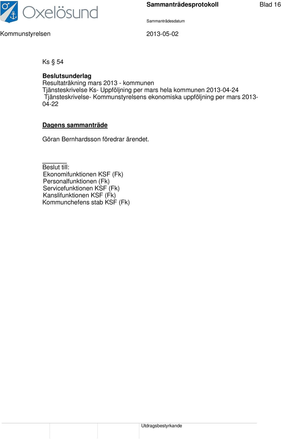 per mars 2013-04-22 Dagens sammanträde Göran Bernhardsson föredrar ärendet.