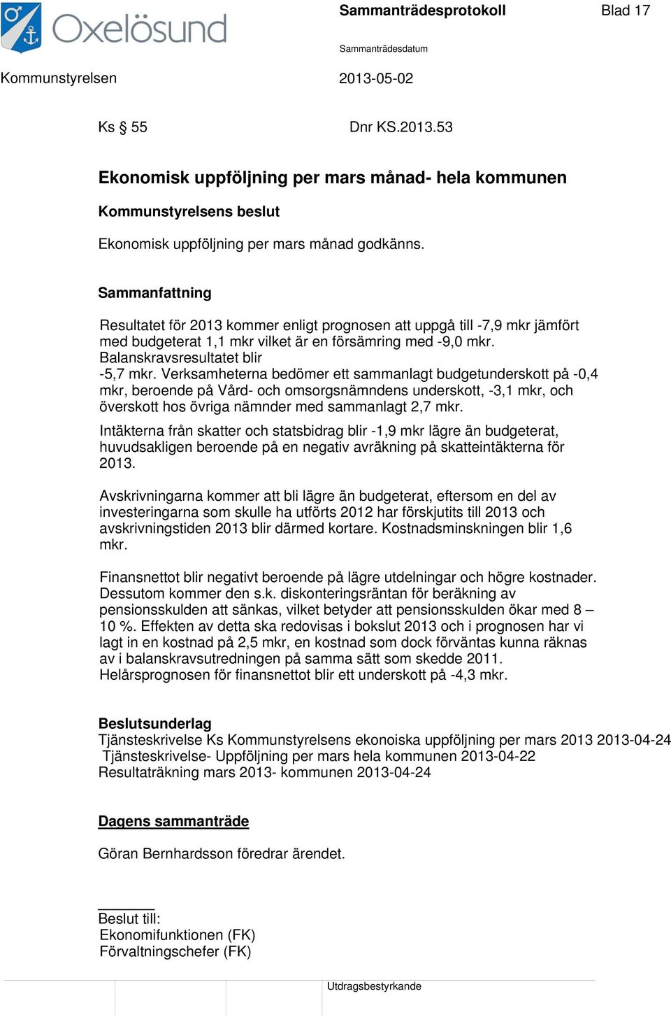 Verksamheterna bedömer ett sammanlagt budgetunderskott på -0,4 mkr, beroende på Vård- och omsorgsnämndens underskott, -3,1 mkr, och överskott hos övriga nämnder med sammanlagt 2,7 mkr.