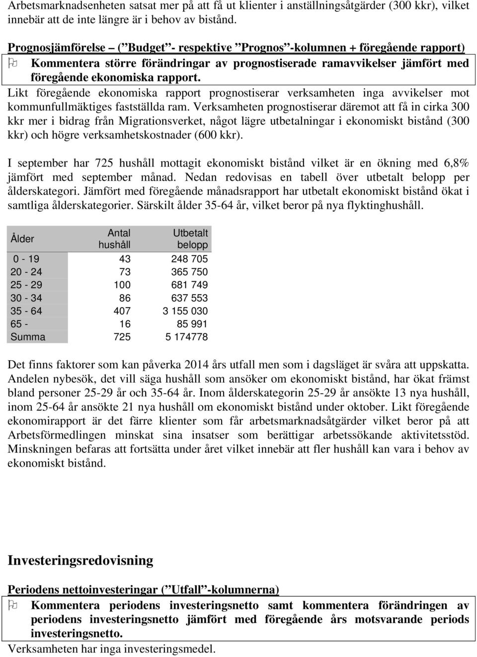 Likt föregående ekonomiska rapport prognostiserar verksamheten inga avvikelser mot kommunfullmäktiges fastställda ram.