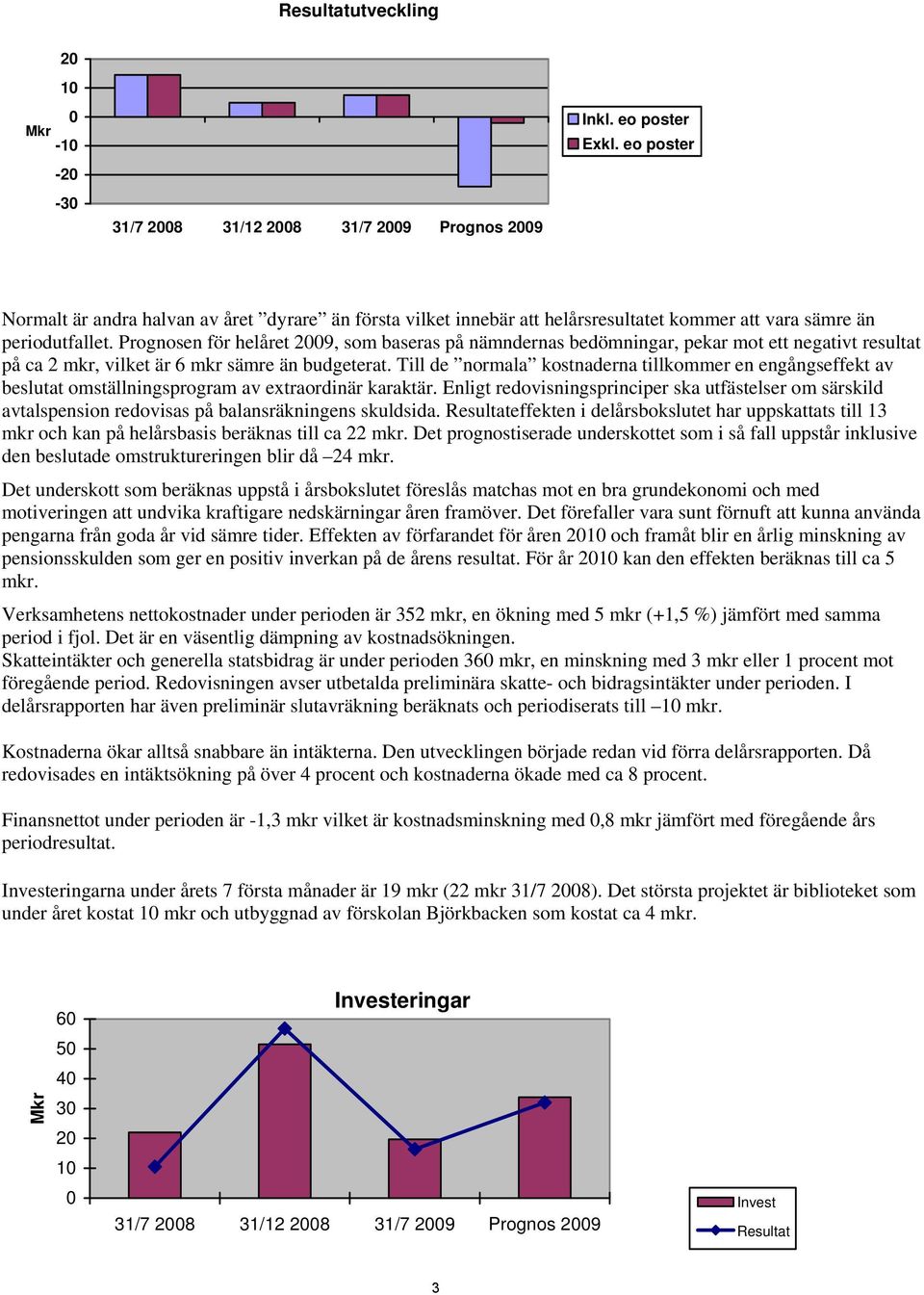 Prognosen för helåret 2009, som baseras på nämndernas bedömningar, pekar mot ett negativt resultat på ca 2 mkr, vilket är 6 mkr sämre än budgeterat.