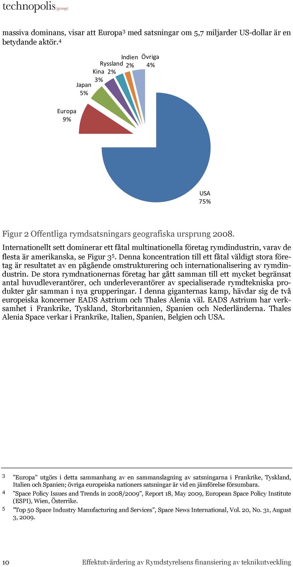 Internationellt sett dominerar ett fåtal multinationella företag rymdindustrin, varav de flesta är amerikanska, se Figur 3 5.