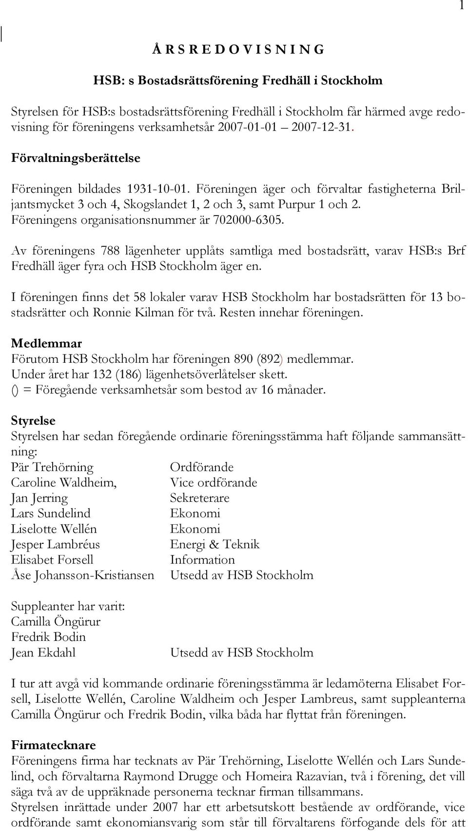 FÄreningens organisationsnummer År 702000-6305. Av färeningens 788 lågenheter upplçts samtliga med bostadsrått, varav HSB:s Brf FredhÅll Åger fyra och HSB Stockholm Åger en.