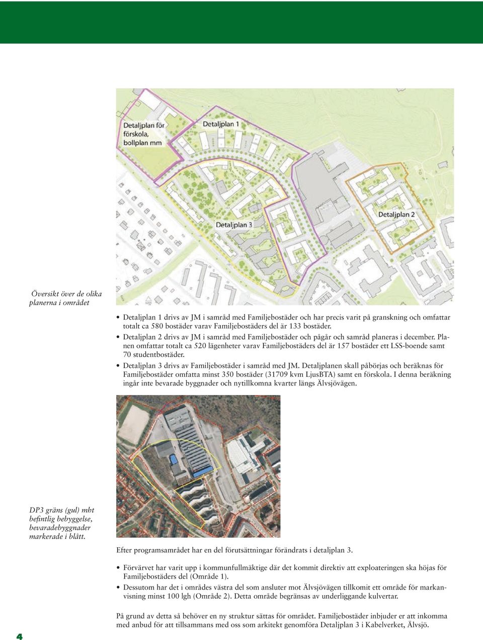 Planen omfattar totalt ca 520 lägenheter varav Familjebostäders del är 157 bostäder ett LSS-boende samt 70 studentbostäder. Detaljplan 3 drivs av Familjebostäder i samråd med JM.