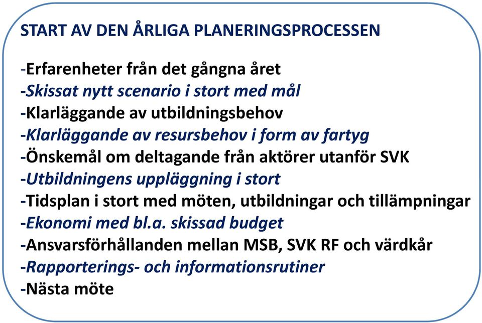 utanför SVK -Utbildningens uppläggning i stort -Tidsplan i stort med möten, utbildningar och tillämpningar -Ekonomi